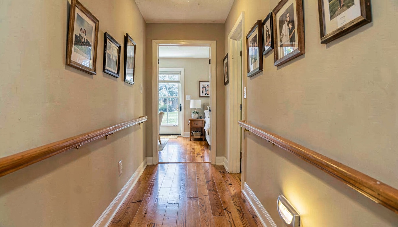 A well-lit hallway with handrails and motion-sensor nightlights